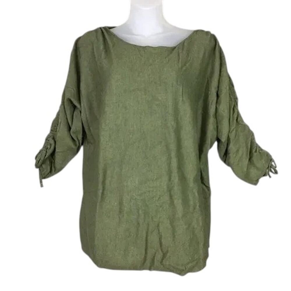 Max Studio Women’s Small Green Scoop Neck Sweater Ruched Sleeve Pullover NWT